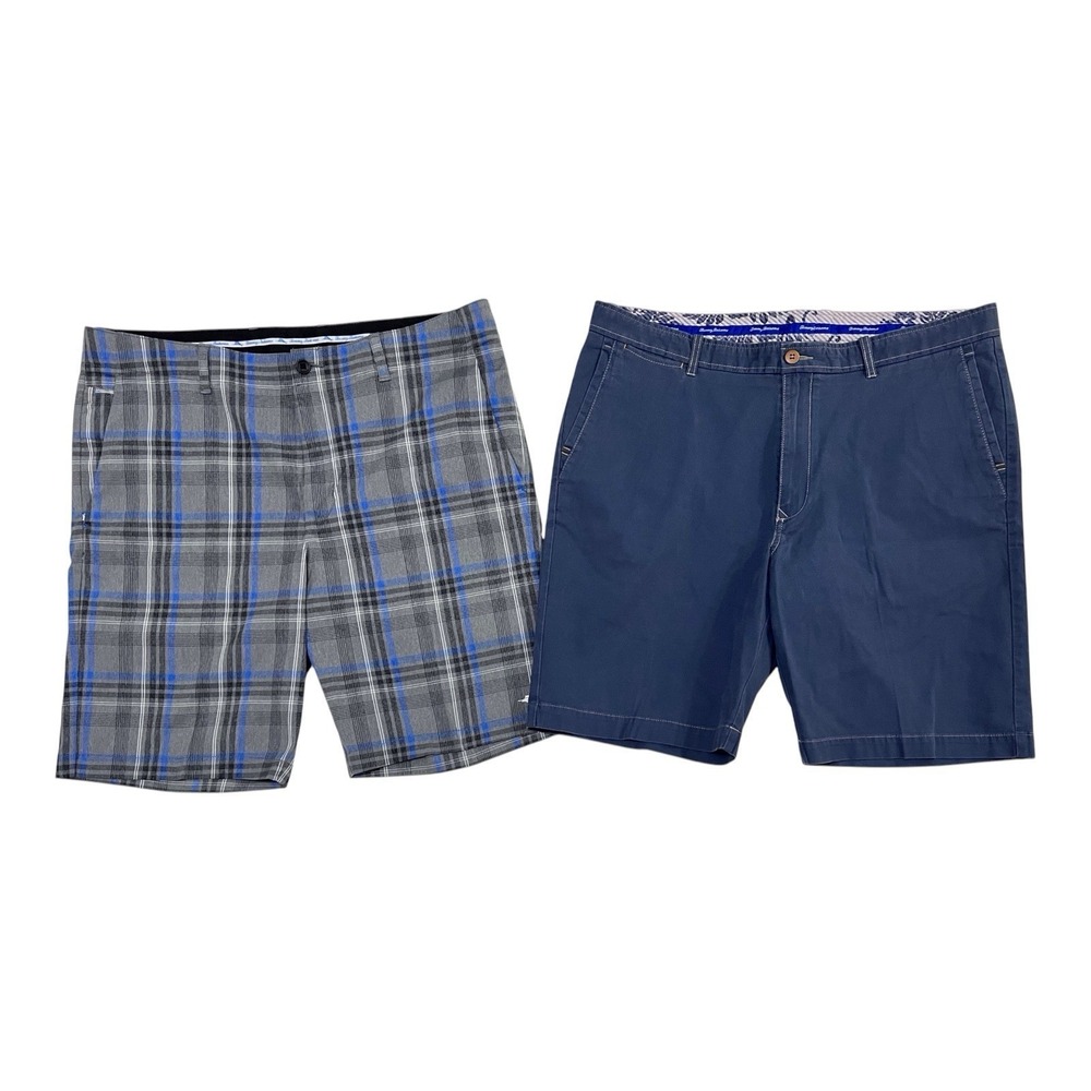Mens Tommy Bahama Shorts Size 40 Flat Front Plaid‎ Solid Blue